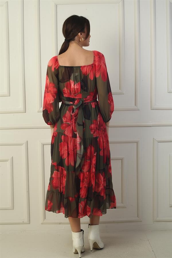 Madonna Neckline Lined Cross-Tie Floral Wrap Chiffon Dress