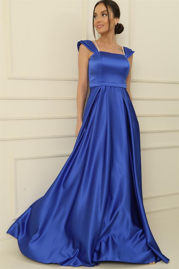 Strappy, Stone-Detailed, Square Neck, Lined Long Satin Dress