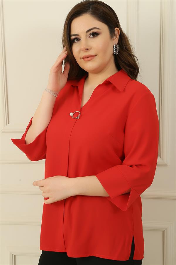 Polo Collar Quarter Sleeve Plus Size Blouse