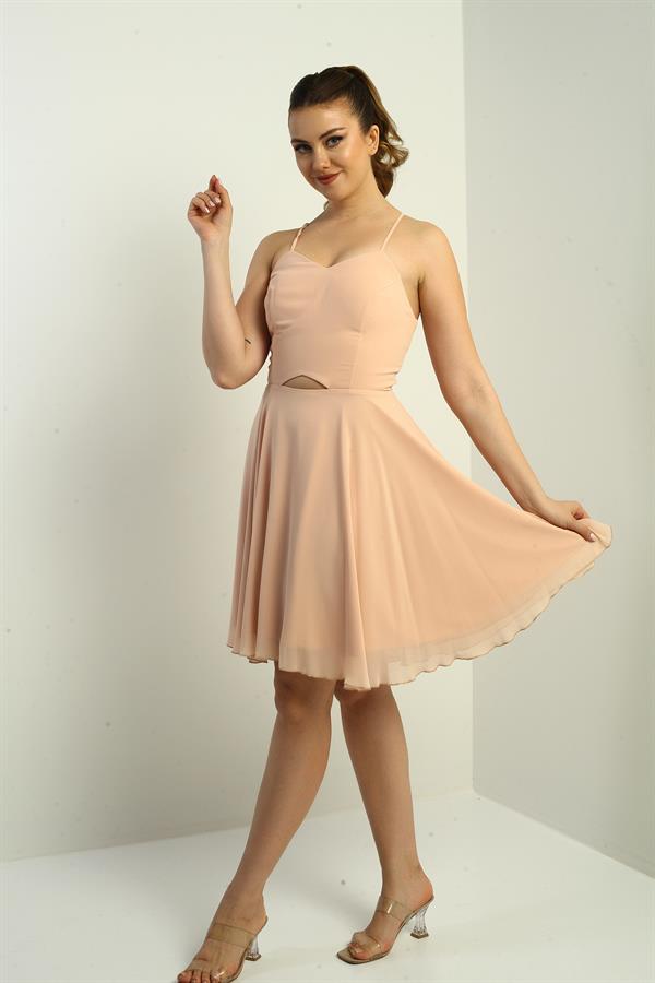 Women's Strappy, Back-Tie, Front-Opening, Lined Chiffon Short Flared Dress