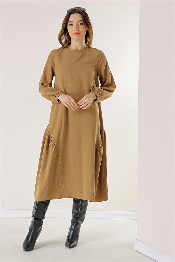 Buttoned Sleeve, Pocketed, Ruffled Lyocell Dress