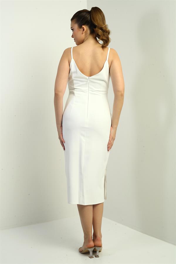 Kadın İp Askılı Önü Şerit Taş Detaylı Midi Krep Elbise