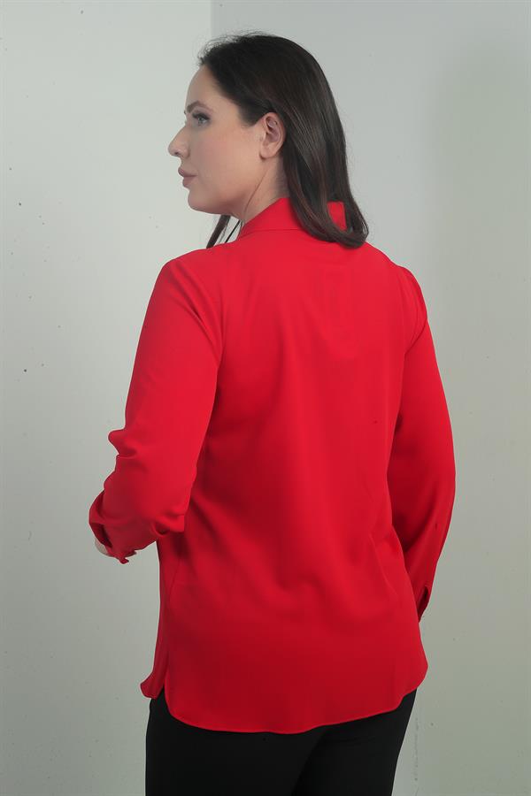 Kadın V Yaka Fularlı Krep Saten Büyük Beden Bluz