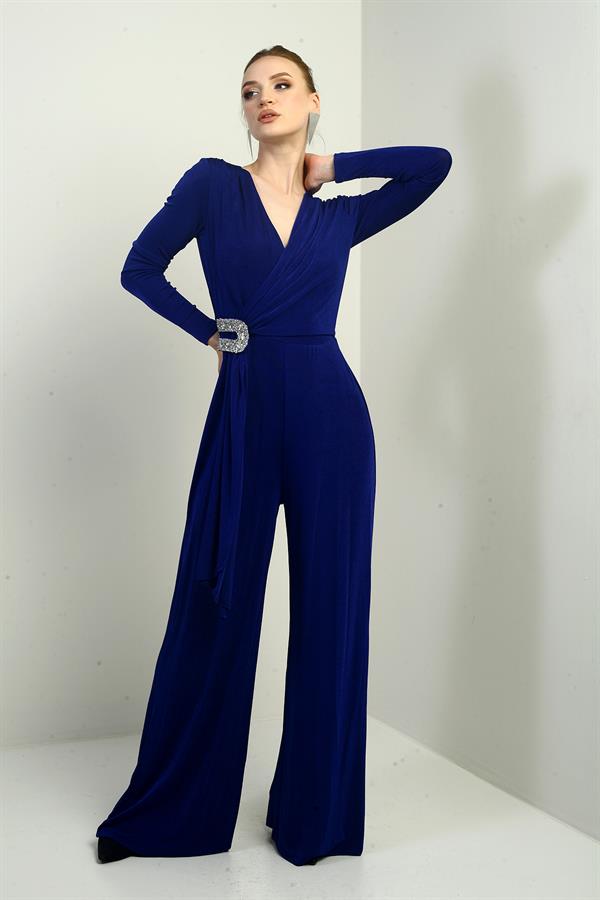 Women's Wrap Neckline Long Sleeved Wide Leg Lycra Jumpsuit with Waist Stone Detail