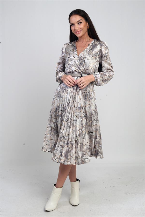 Women's Double-Breasted Waist Belted Lined Chain Pattern Pleated Midi Satin Dress