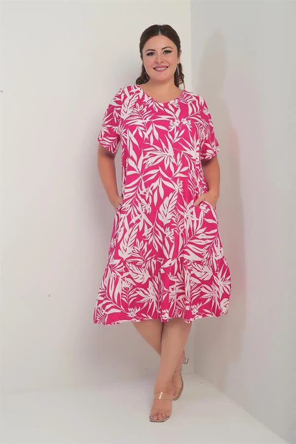 Robe grande taille pour femme, col en V, motif feuilles variées, poches et jupe à volants