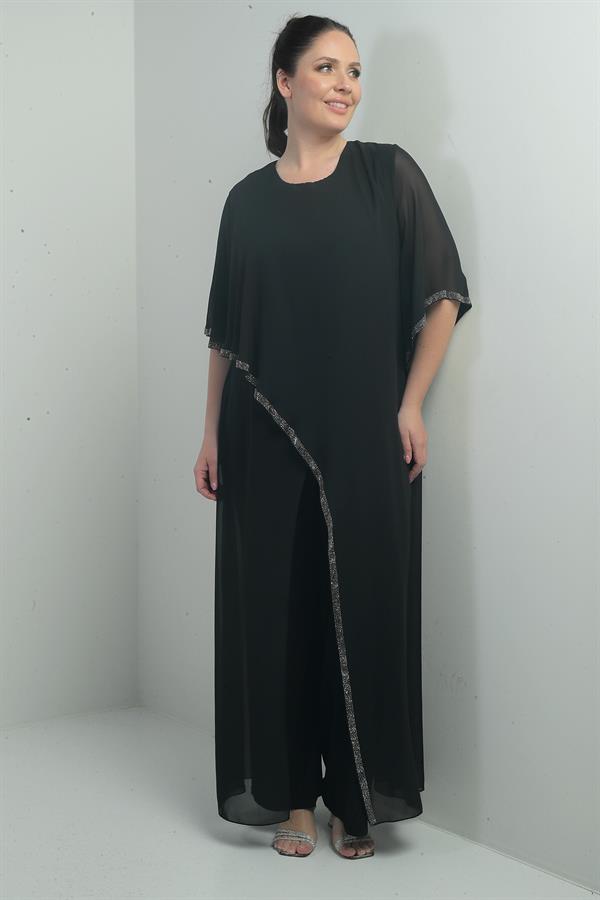 Combinaison en mousseline pour femme avec détails en pierre, manches espagnoles, jambes larges, grandes tailles, Lycra