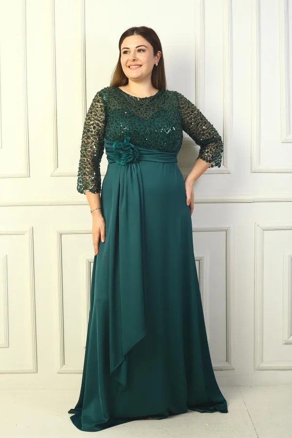 Kadın Çiçekli Altı Saten Üstü Gritel Astarlı Büyük Beden Uzun Elbise