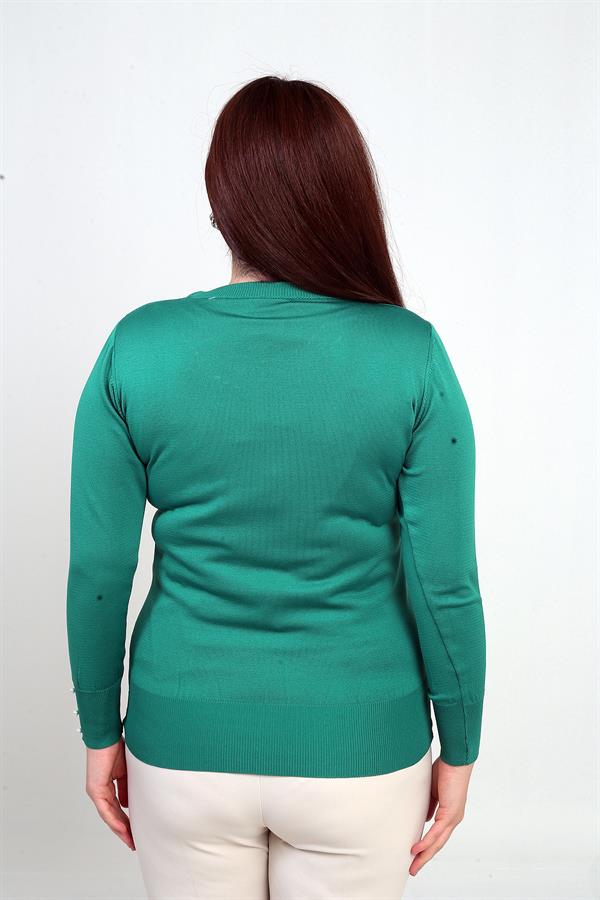 Kadın Kol Ve Yaka İnci Detaylı Büyük Beden Soğuk İplik Triko Bluz