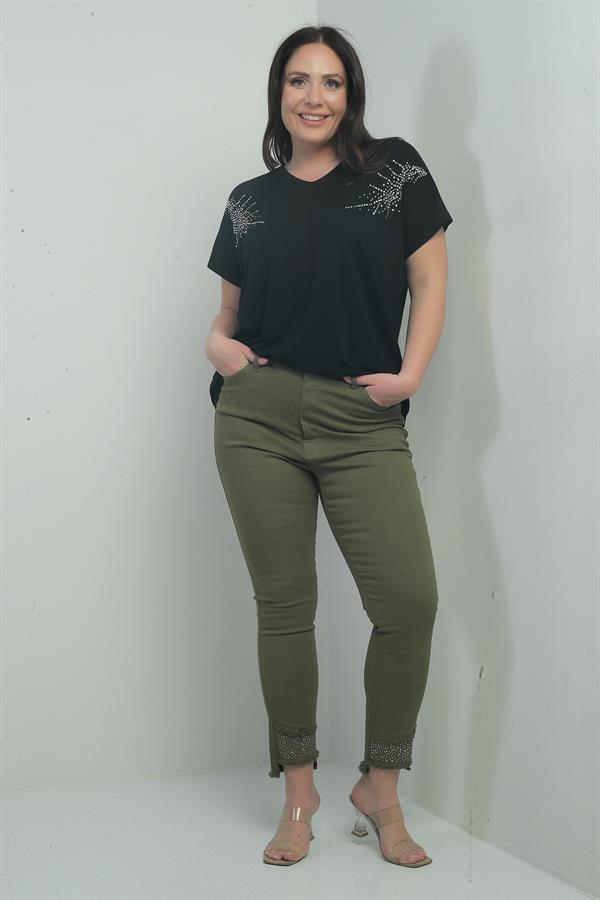 Pantalon en toile grande taille pour femme, coupe slim, orné de pierres et de pompons, en tissu Lycra.
