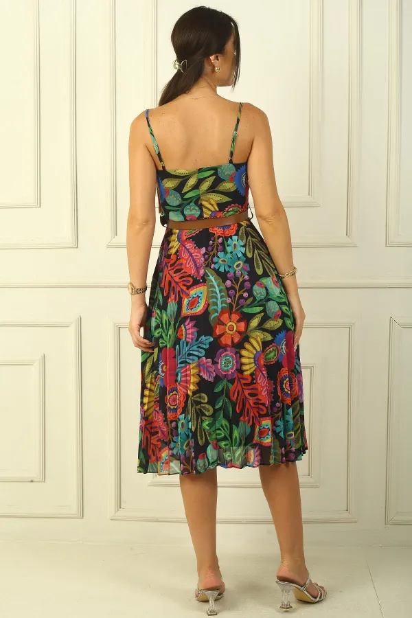 Chiffon Dress with Rope Straps, Belted Waist, Mixed Floral Pattern, Lined Pleated Skirt