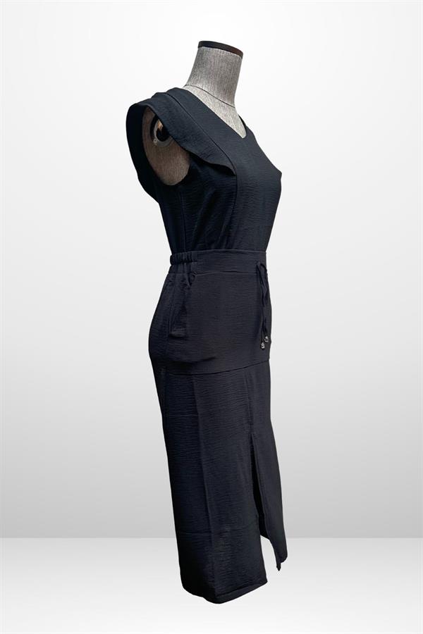 Women's V-Neck Blouse with Elastic Waist, Pockets, and Front Slit Skirt - 2-Piece Set