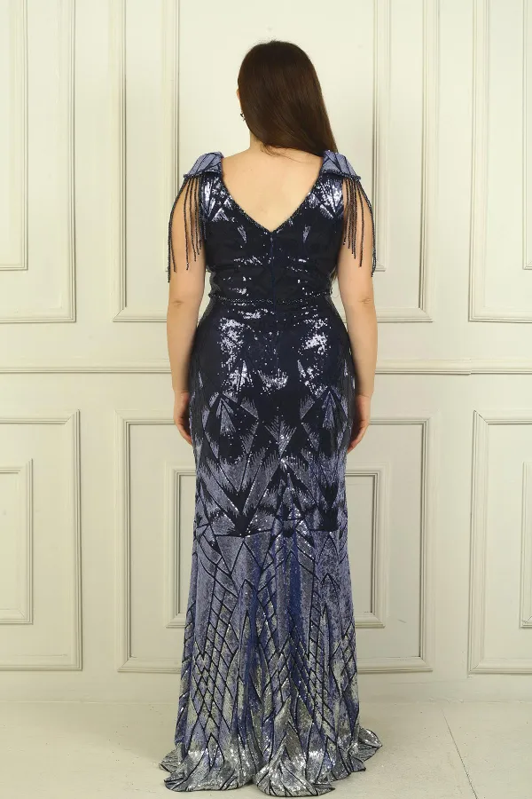 Robe de soirée longue à sequins BB avec manches à pompons perlés et doublure