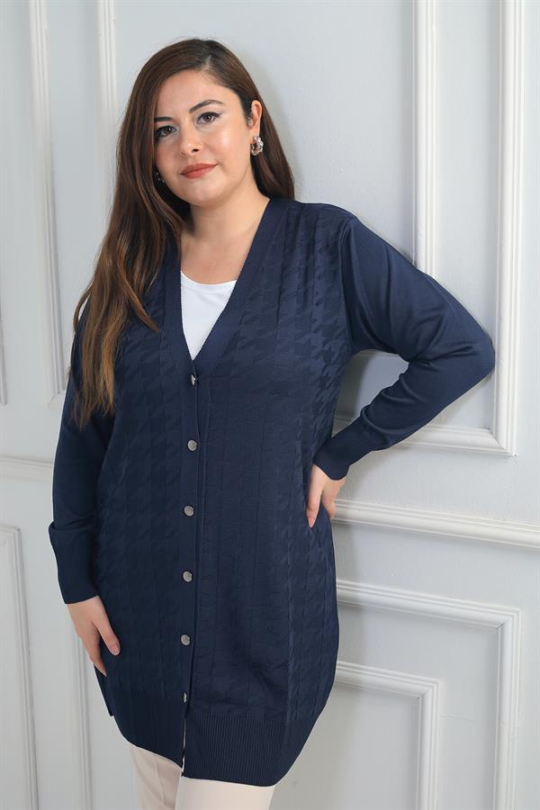 Gilet long grande taille pour femme, motif pied-de-poule, en fil froid.