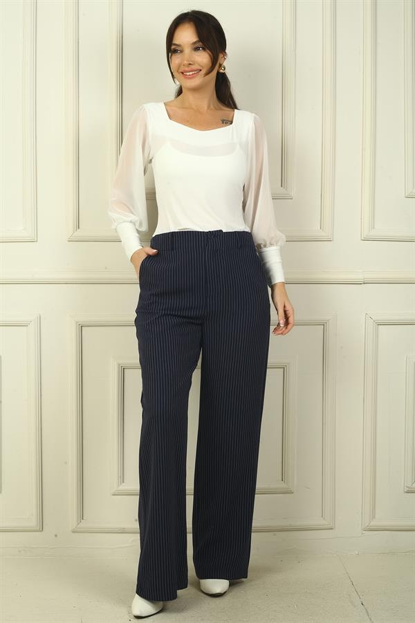 Pantalon palazzo à rayures verticales et poches latérales pour femme