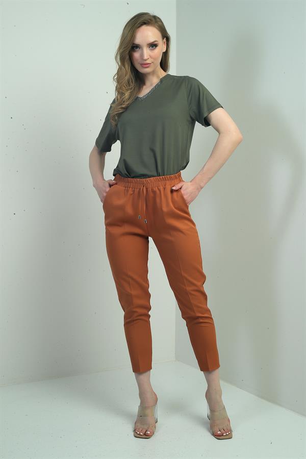 Pantalon carotte pour femme, taille élastique, poches latérales