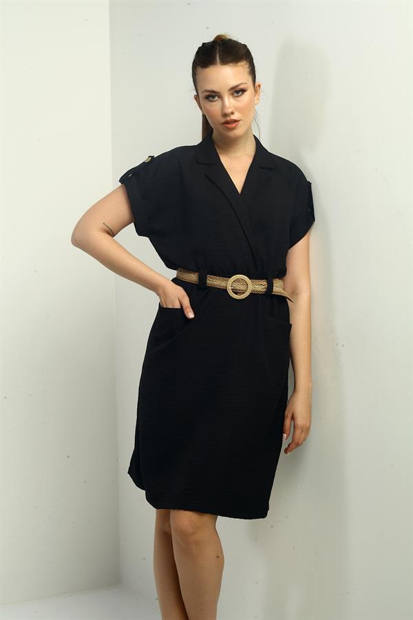Women's Dress with Patch Pockets and Belt Waist