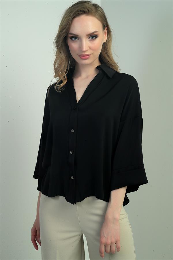 Kadın Polo Yaka Yarım Duble Kollu Arkası Körüklü Krep Saten Bluz