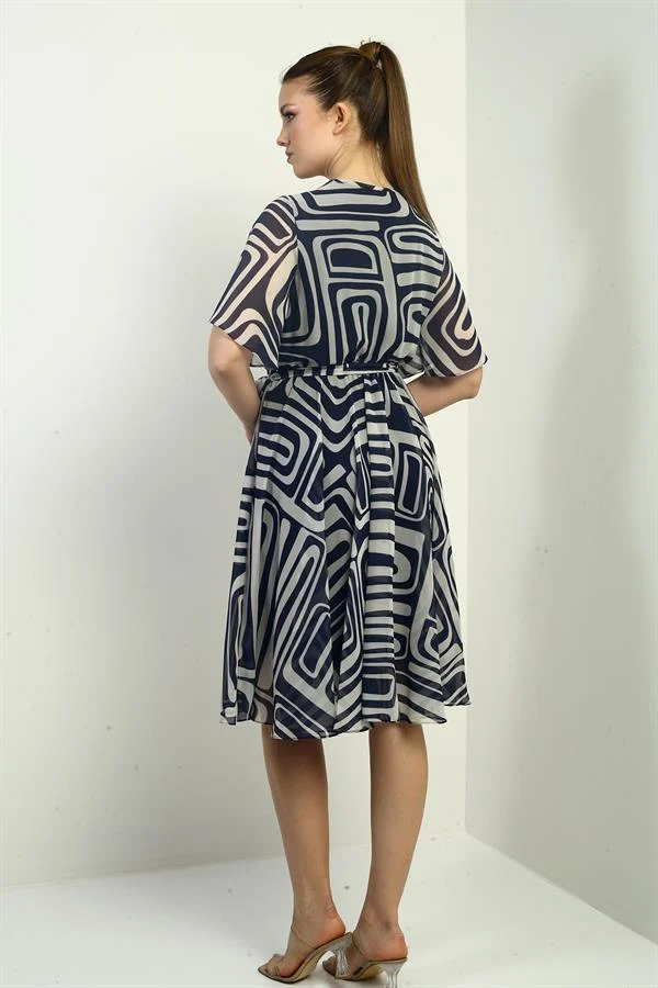 Women's Wrap Neckline Belted Lined Geometric Pattern Chiffon Dress