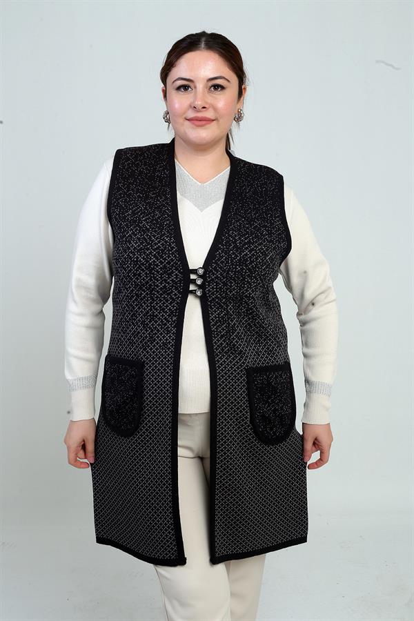 Gilet long en maille à poches, motif mini, fermeture à 3 boutons, grande taille, pour femme