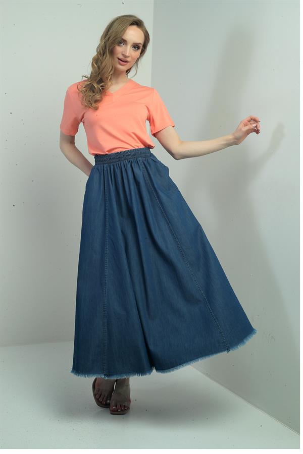 Women's Elastic Waist, Side Pockets, Fringed Hem, Slim Denim Long Skirt