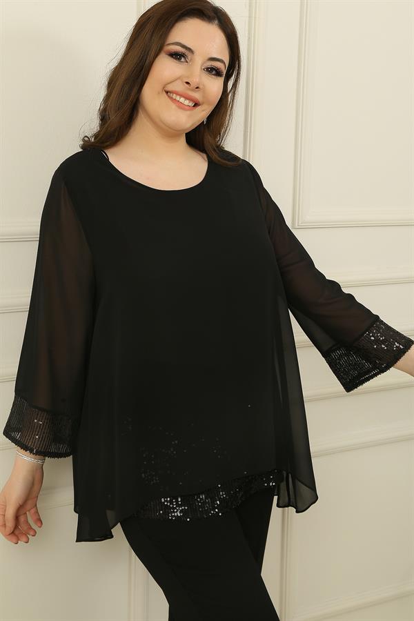 Kadın Yaka Manşeti Ve İçi Pulpayet Büyük Beden Şifon Bluz