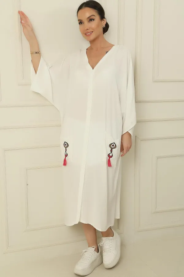 V-Neck Tasseled Double Pocket Embroidered Oversize Relaxed Fit Long Viscose Dress