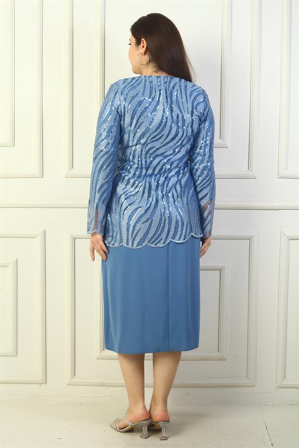 Women's Sequin and Glitter Embellished Tulle Jacket, Long-Sleeved Lined Crepe Dress, Plus Size Two-Piece Set