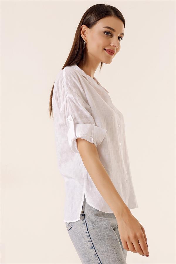 Front Buttoned Polo Collar Shirt with Foldable Sleeves