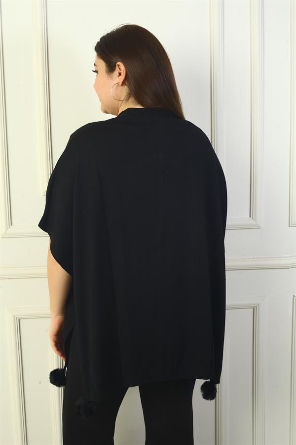 Poncho pour femme à col en V avec détails de boutons sur les côtés, devant rond, orné de pierres et de pompons, grandes tailles.