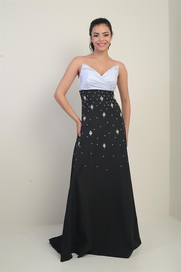 Kadın Tafta Üst Straplez Dubble Taş Yapıştırma Kloş Uzun Elbise