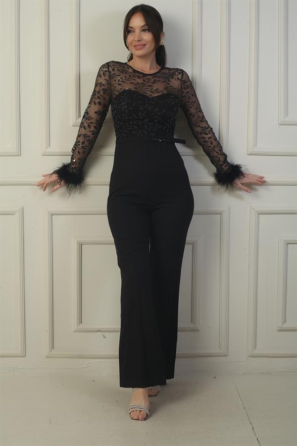 Women's Tulle Leaf Flock Printed Belted Crepe Jumpsuit with Feathered Sleeves