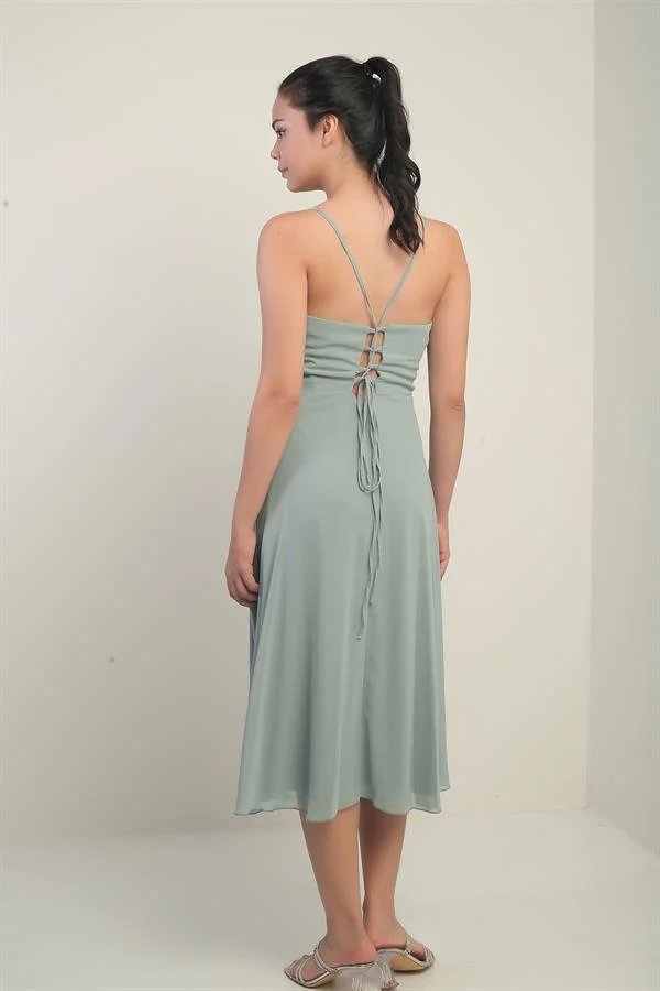 Kadın İp Askılı Kruvaze Yaka Astarlı Arkası Bağcıklı Kloş Şifon Elbise