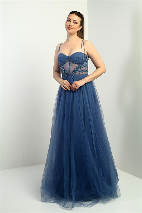 Kadın İp Askılı astarlı Göğüs Pliseli Boncuk İşlemeli Uzun Prenses Elbise