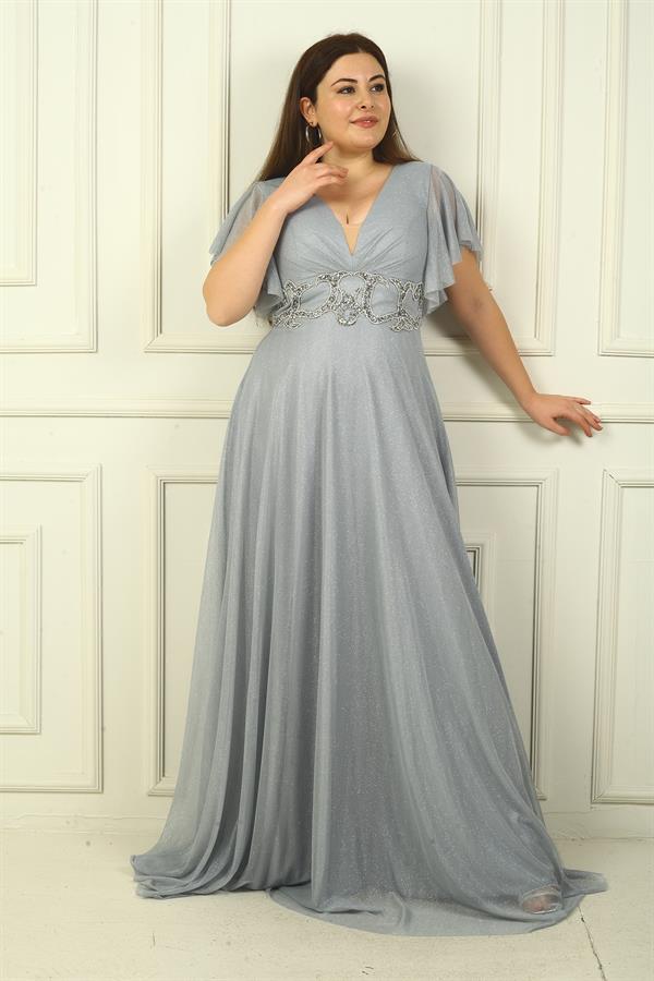 Kadın Ön Arka V Yaka Beli Taş İşlemeli Astarlı Simli Büyük Beden Abiye Elbise