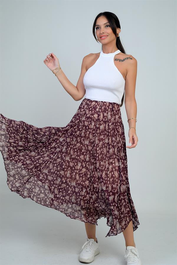 Jupe triangle midi fleurie doublée à taille élastique pour femme