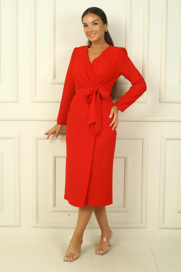 Women's Wrap-Neck Sleeveless Belted Lined Crepe Dress