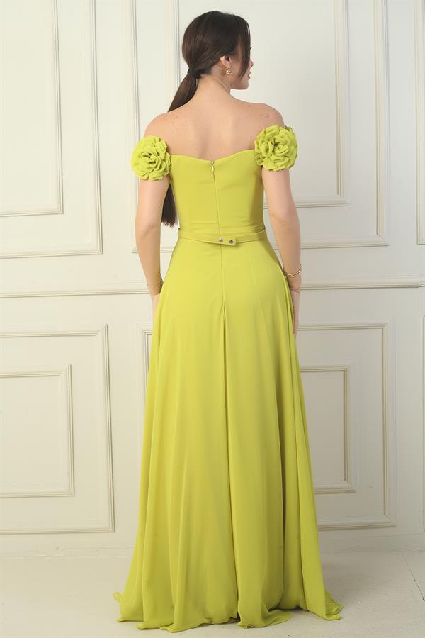 Robe longue en mousseline pour femme, ornée d'un décolleté floral découpé au laser, doublée et ceinturée à la taille.