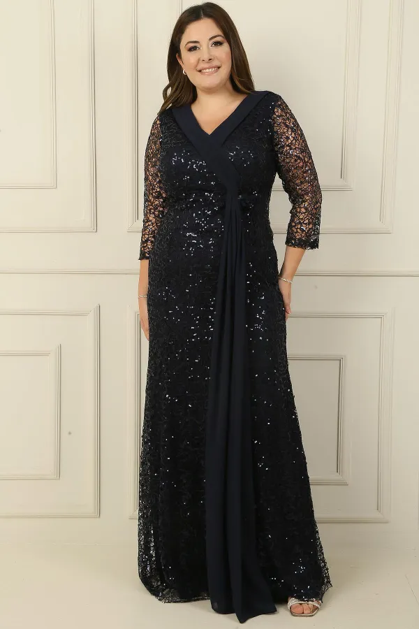 V Yaka File Kumaş Üstü Şifon B.Beden Elbise