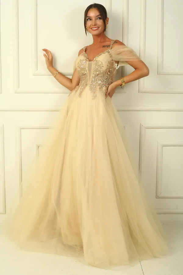 Long Tulle Dress with Beaded Top and Lace-Up Front Window