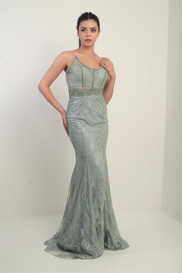 Kadın Boncuk-Taş Detaylı Astarlı Balenli Üstü Transparan Uzun Elbise