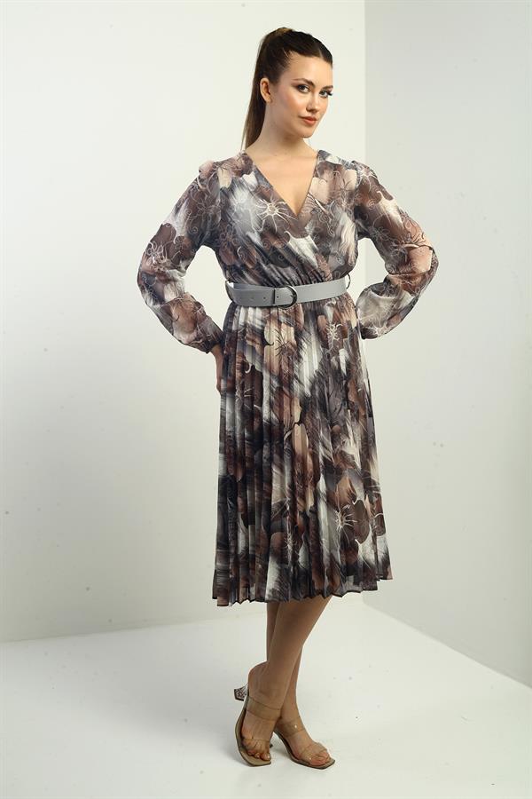 Women's Wrap Neckline Belted Lined Floral Patterned Pleated Midi Chiffon Dress