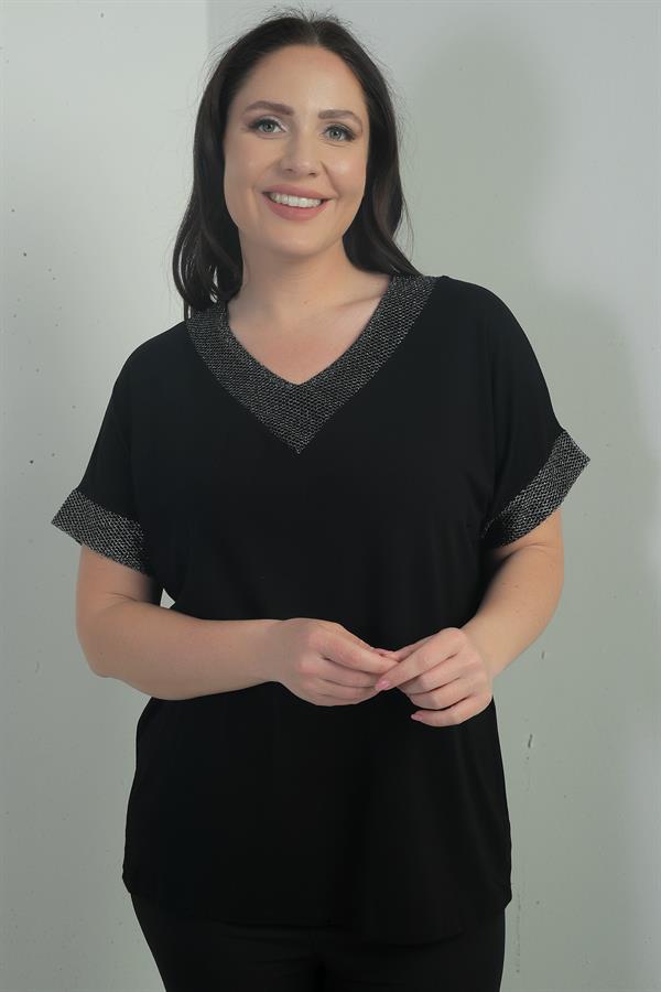 Women's Plus Size Blouse with Glitter Mesh Detail on Collar and Cuffs