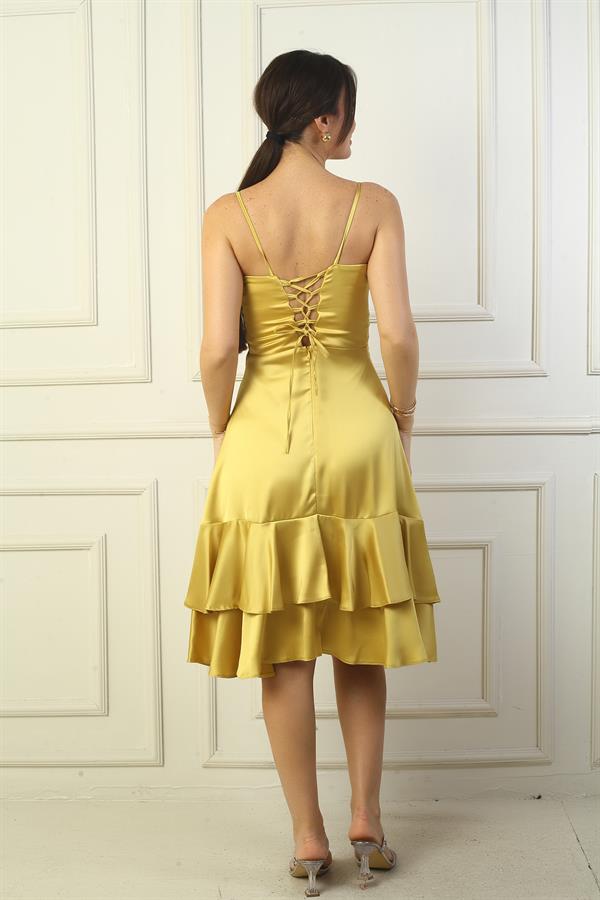 Jupe à bretelles pour femme, doublée et drapée, avec double volant en satin