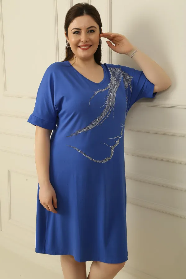 Plus Size Viscose Dress with Stone Printed Face Pattern on the Front