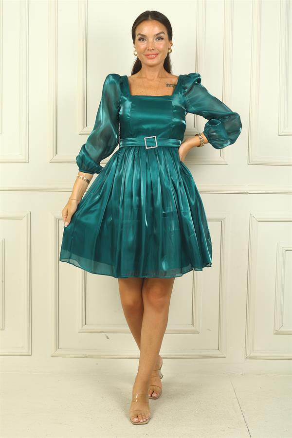 Women's Square Neck Long Sleeve Belted Pleated Organza Short Dress