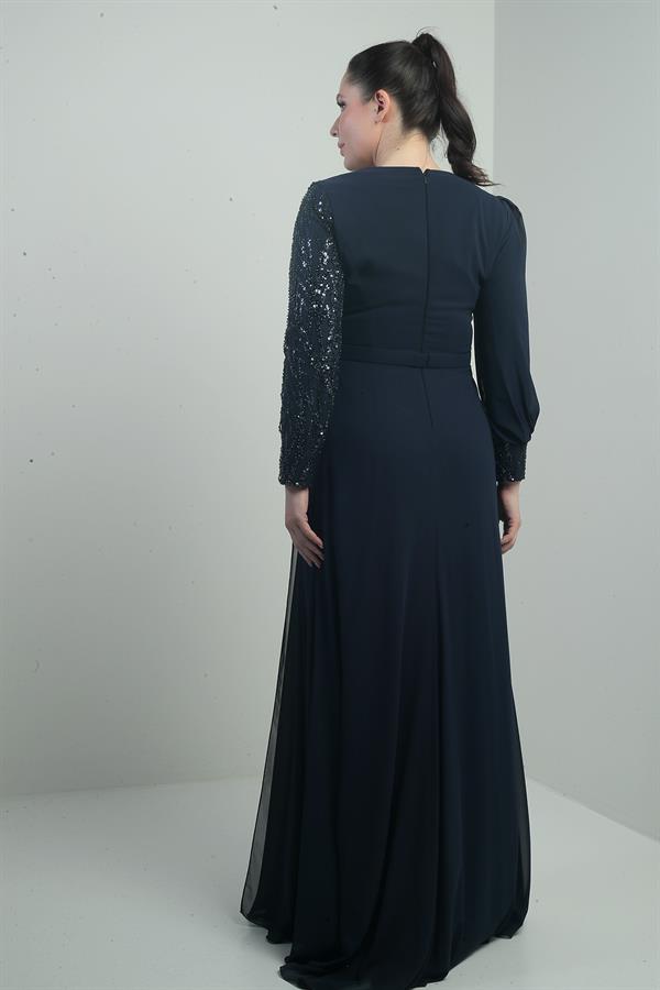 Women's Plus Size Long Chiffon Dress with Sequin and Bead Embellishment, Lined, and Floral Waistline