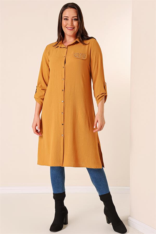 Button-Front Truvakar Sleeve Plus Size Ayrobin Long Tunic with Pearl Details