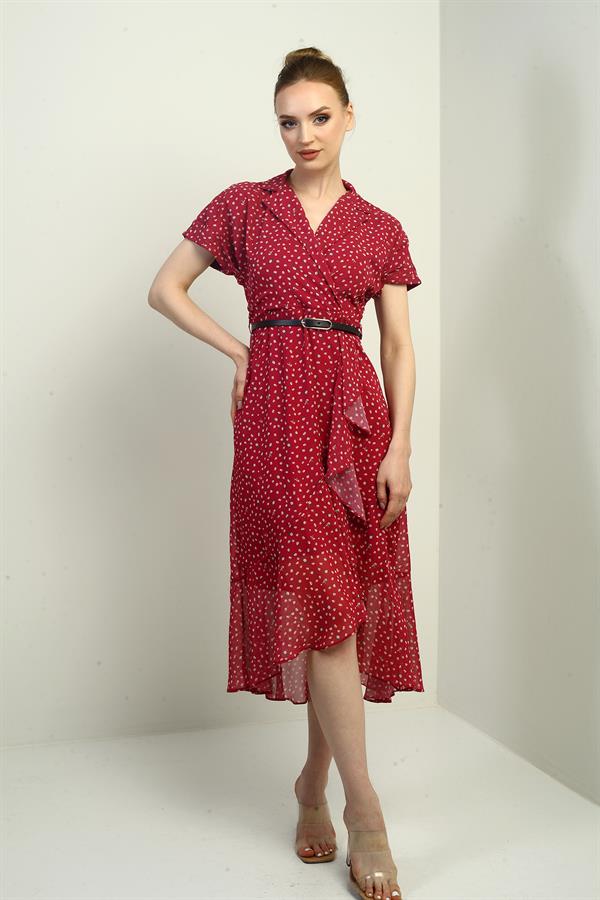 Kadın Kruvaze Yaka Astarlı Çıtır Desen Önü Volanlı Şifon Elbise