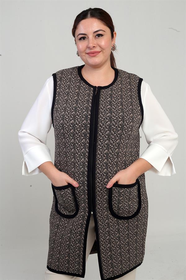 Gilet long en maille grande taille pour femme, avec fermeture éclair sur le devant et motif de poche